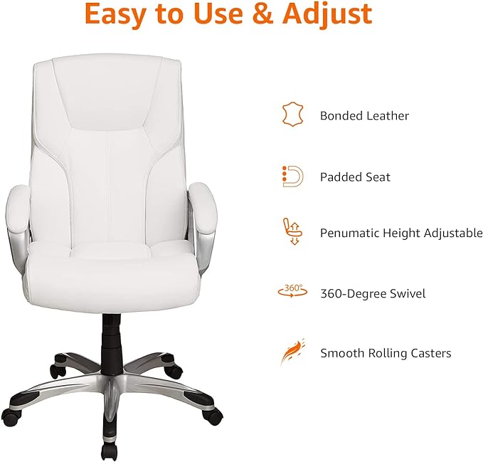Amazon Basics Executive High Back Office Desk Chair, Adjustable Height, Tilt, Swivel, one Size, White/Pewter