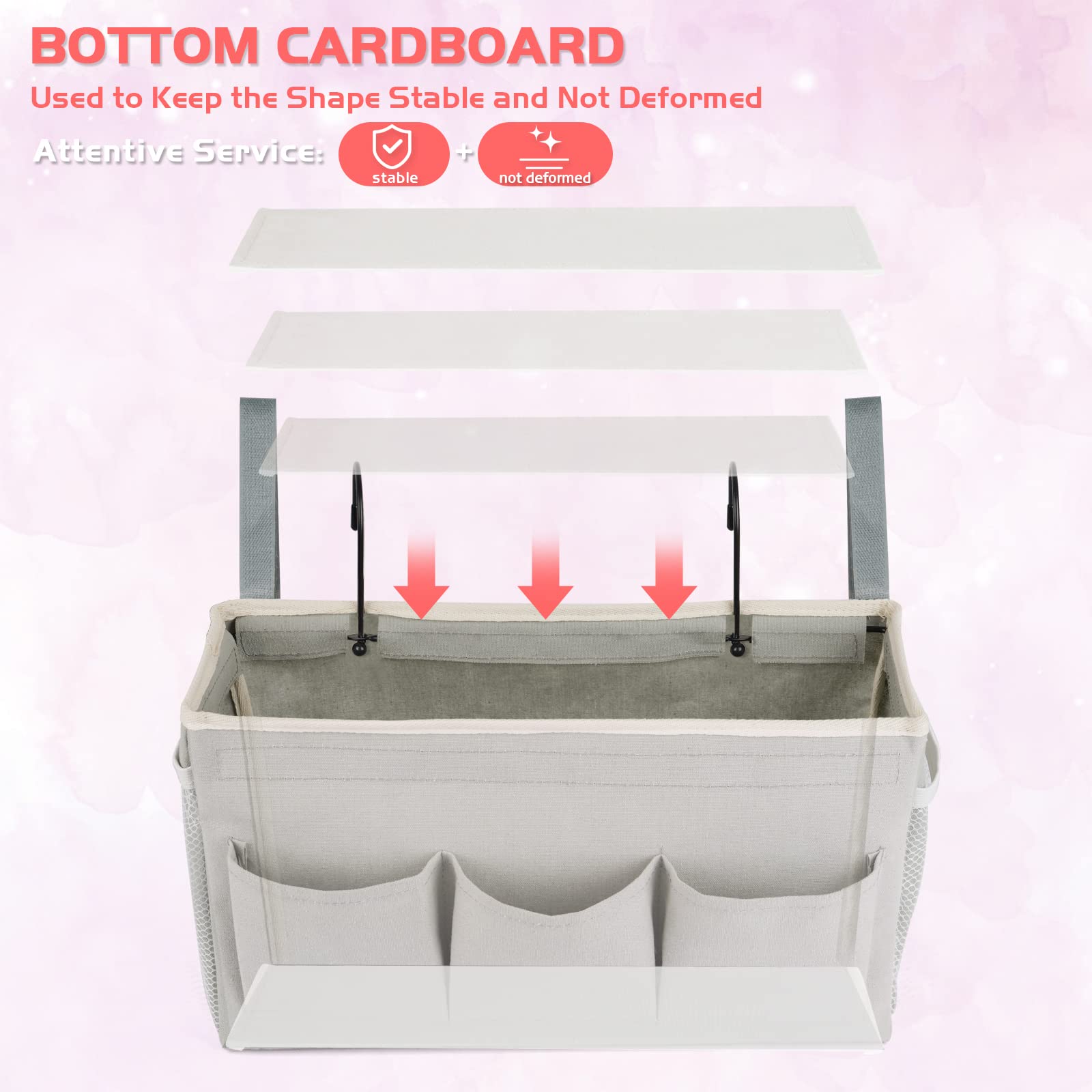 Loghot Bedside Caddy/Bedside Storage Bag Hanging Organizer for Bunk and Hospital Beds,Dorm Rooms Bed Rails,Can be Placed Glasses,Books,Mobile Phones,Keys (Light Pink) Dormly