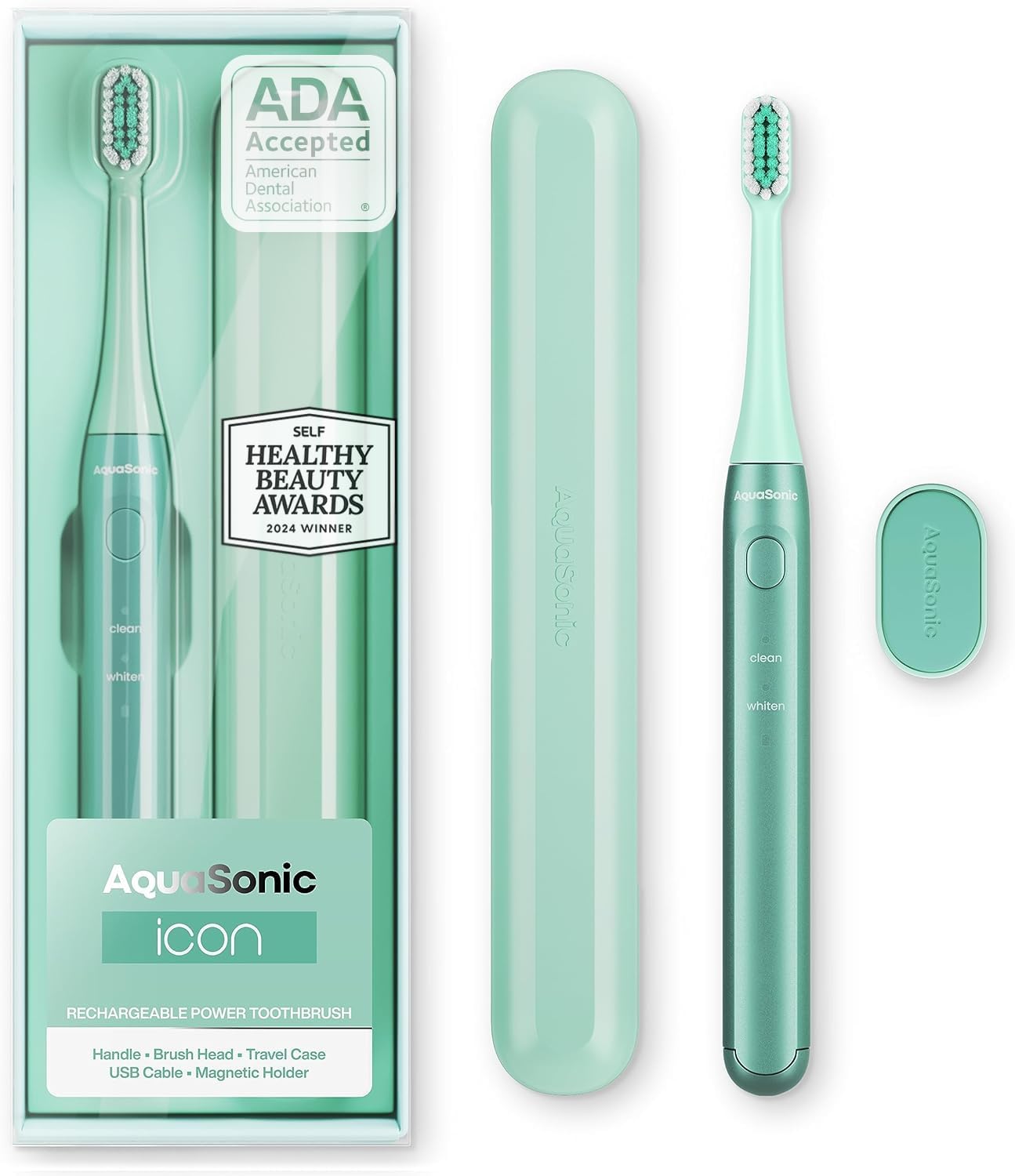 Aquasonic Icon ADA-Accepted Rechargeable Toothbrush | Magnetic Holder & Slim Travel Case | 2 Brushing Modes & Smart Timers | Gentle Micro-Vibrations (Lilac)