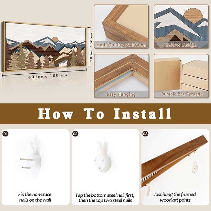 BINCUE Large Mountain Wall Art Framed Boho Wall Decor Mountain Artwork for Office Living Room Bedroom 20x40 Inches