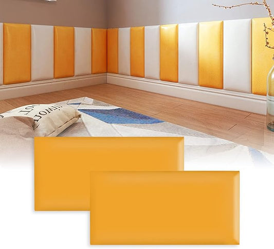 3D Anti-Collision Wall Padding, Peel & Stick Upholstered Panels, Queen Headboard, Playroom Decorative Protection, Pack of 2 Panels - 23.6' X 11.8' (Orange)