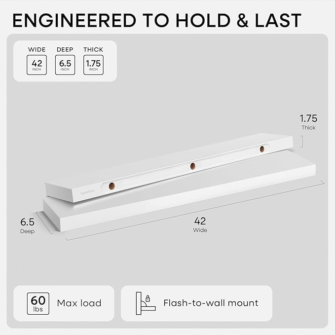 Homeforia White Floating Shelves 42 inch, High End Solid Real Wood 42inch Floating Shelf for Wall Mounted, White Wooden 42in Long Floating Shelves, Heavy Duty Bracket, 42 X 6.5 X 1.75 inches, Set of 2