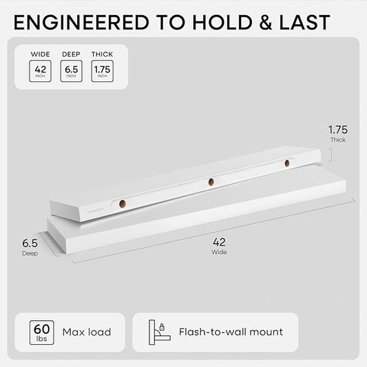 Homeforia White Floating Shelves 42 inch, High End Solid Real Wood 42inch Floating Shelf for Wall Mounted, White Wooden 42in Long Floating Shelves, Heavy Duty Bracket, 42 X 6.5 X 1.75 inches, Set of 2