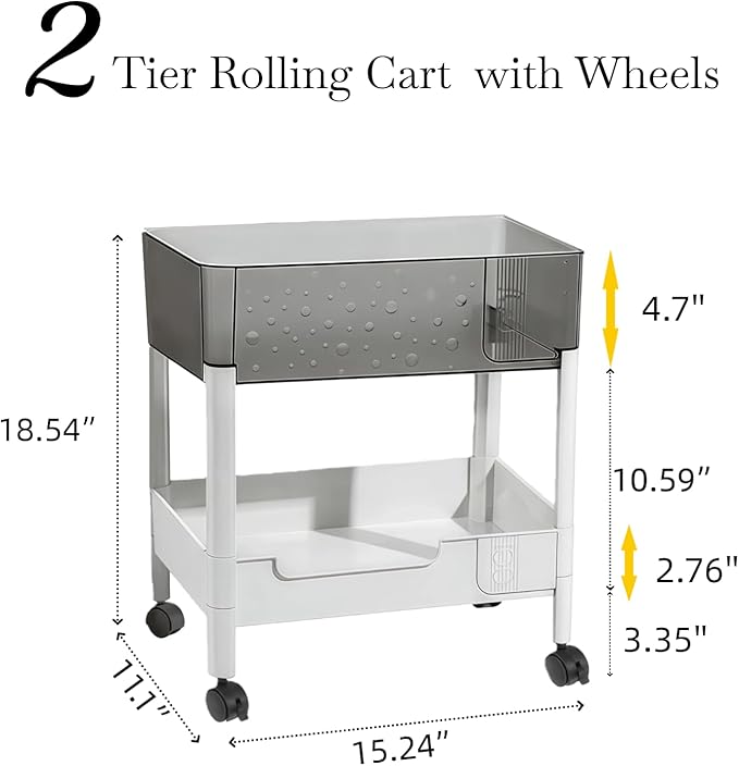 2 Tier Rolling Cart with Wheels for Under Desk Storage, Heavy Duty Plastic Short Small Utility Cart for Small Space Pantry Room Kitchen Laundry Bathroom, 4.7'' Deep Baskets for Tall Bottles