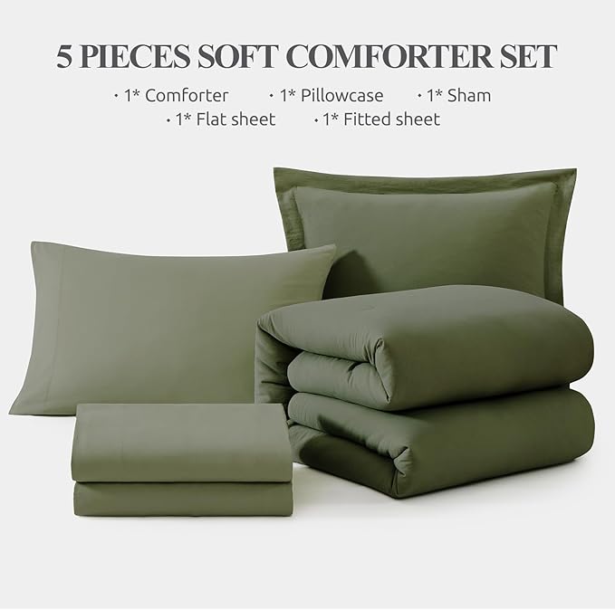 WRENSONGE Twin XL Comforter Set, 5-Piece Olive Green Bedding Collection with Sheets and Pillowcases