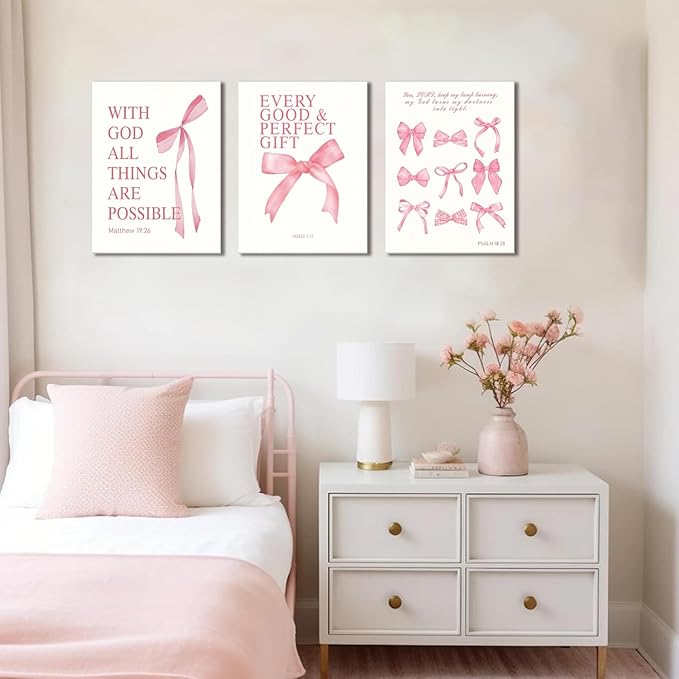 3 Pcs Coquette Pink Bow Canvas Wall Art Inspirational Bible Verses Bow Posters Wall Decor Pink Bow Room Pictures Prints Aesthetic for Girls Room Living Room Bedroom Bathroom Dorm 12x16 Inch Framed