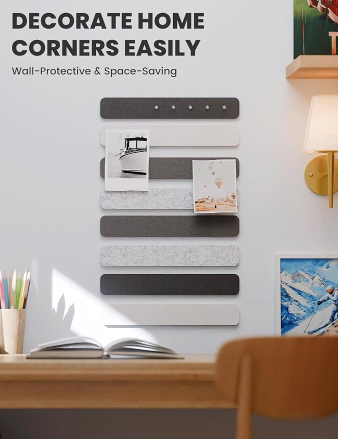 Cork Board Alternative Felt Strip Board 8-Pack 13"x2", Office Pin Board with 50 Push Pins, Adhesive Install for Bedroom Door & Home Office(Concrete Echo)