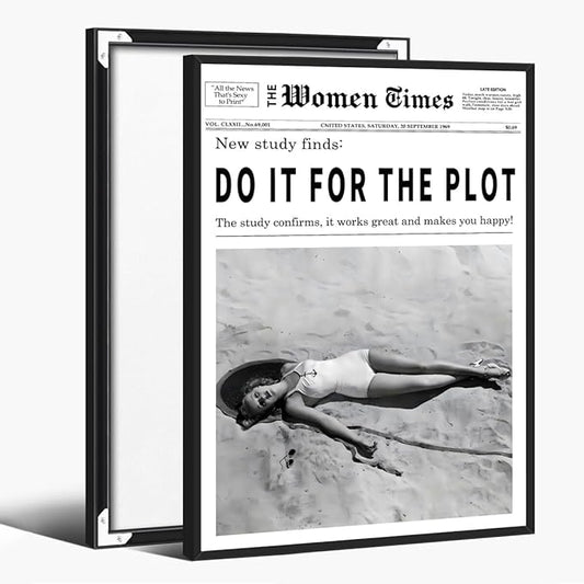 Vintage Women Times Do It for The Plot Wall Art Trendy Black and White Canvas Print Poster Vintage Woman Times Newspaper Prints Beachy Hot Girl Wall Decor for Bar Cart Girls Dorm Bedroom 12x16inch black framed