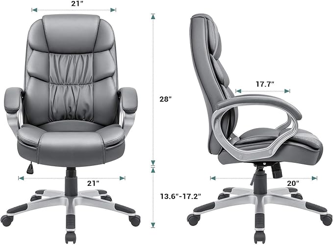 GUNJI Office Chair PU Leather High Back Executive Chair Ergonomic Computer Chair, Modern Adjustable Home Desk Chair Swivel Managerial Chair with Padded Armrests and Lumbar Support (Gray)