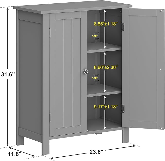 SUPER DEAL Modern Bathroom Floor Storage Cabinet with Adjustable Shelf and Double Door Rust Proof, Living Room Modern Home Furniture Storage Organizer Cabinet, Grey