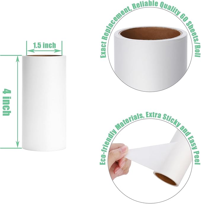4 inch Lint Roller Refills Compatible with Evercare PetLovers Muji IKEA Bastis and More Standard 4 inch Lint Rollers Extra Sticky Roller Refill 60 Sheets per Roll 5 Pack Total 300 Sheets