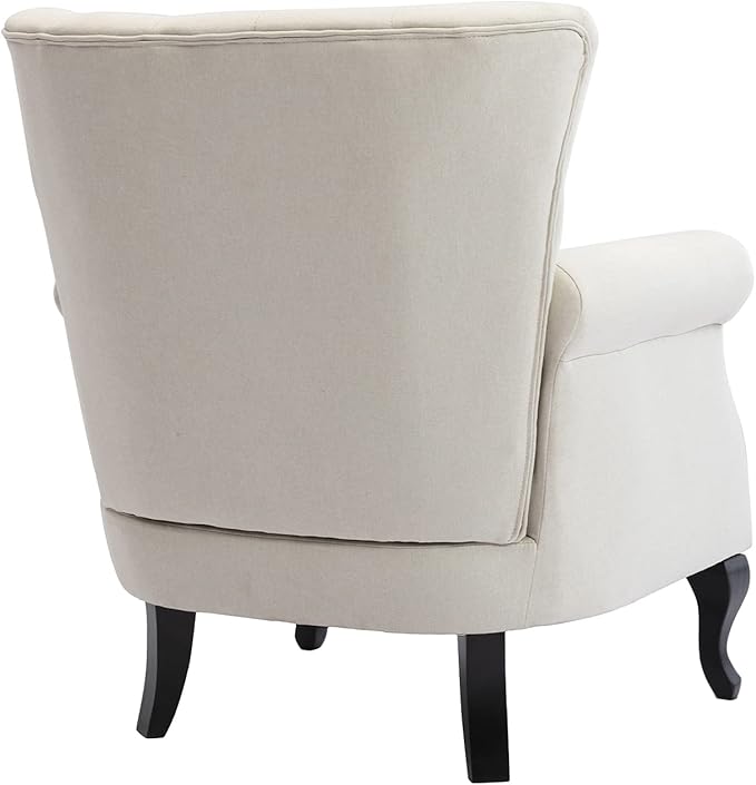 Mid Century Accent Chair for Living Room, Linen Fabric Button Tufted Armchair Wingback Club Chair, Modern Single Sofa Lounge Chair with Pillow for Reception/Bedroom, Beige