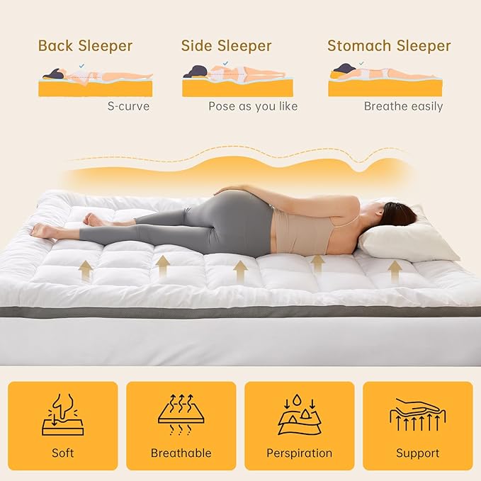 SAPHREAS Queen Size Mattress Topper 3 inch with 8-20 inches Stretchable Pockets, Soft Pillow Top Mattress Pad for Back Pain Relief with Breathable Air Mesh Sides
