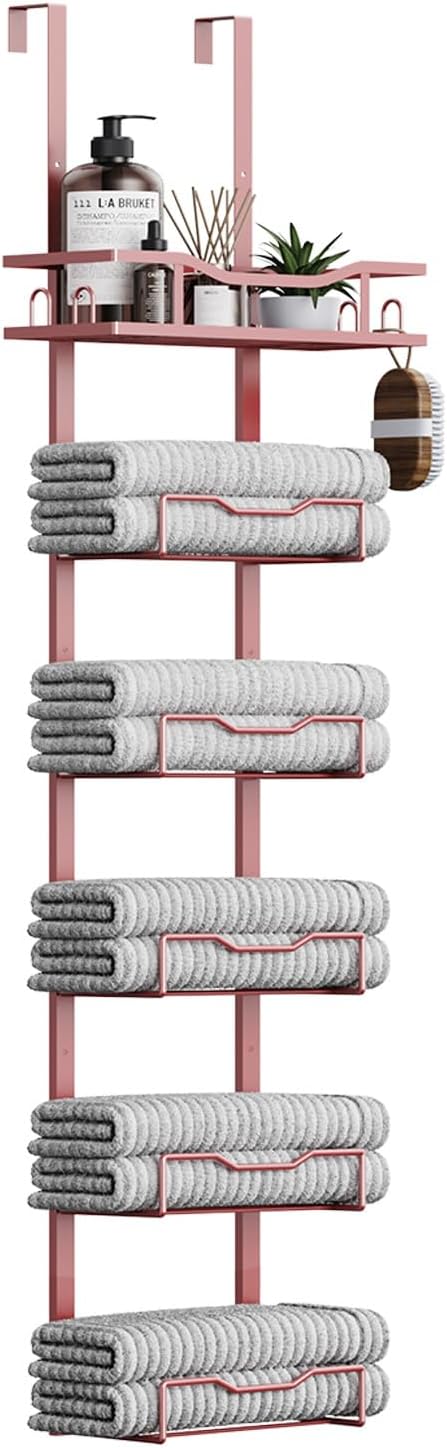 Hanging Towel Racks for Bathroom No Drill - 6-Tier Over The Door Bath Towel Storage Organizer for Small Bathrooms - Tiered Back of Door Towel Holder Hanger for Rolled Towels RV Camper Rose Gold