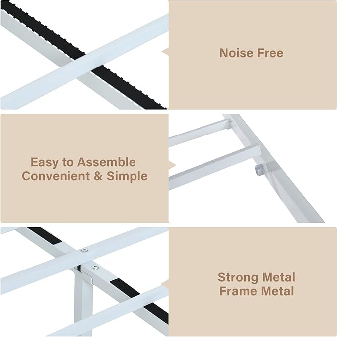 Bed Frame Queen Size, Queen Bed Frame with Headboard, Queen Size Bed Frame with Wooden Footboard, Industrial Style, No Box Spring Needed, Noise-Free, Easy Assembly, White Brown