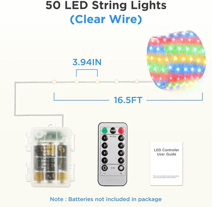 16.5ft Battery Operated String Lights (2 Pack), 50 LED Fairy String Lights Battery Powered with Remote & Timer for Indoor Outdoor Christmas Trees Wreath Decoration Bedroom Patio - Multicolor