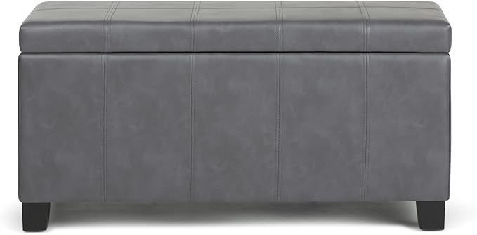 SIMPLIHOME Dover 36 inch Wide Contemporary Rectangle Storage Ottoman Bench in Stone Grey Vegan Faux Leather, Assembled, for the Living Room, Entryway and Family Room