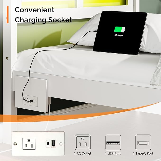 VINGLI Solid Wood Twin Bed Frame with LED Lights & USB Charging Station Single Platform Panel Bed with 40 Inches Tall Headboard for Kids,No Box Spring Needed,White