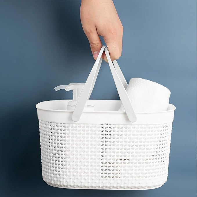 rejomiik Portable Shower Caddy Basket, Plastic Organizer Storage Tote with Handles for Bathroom, College Dorm, Kitchen, White
