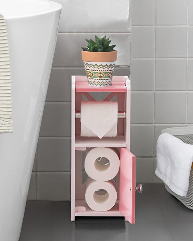 AOJEZOR Toilet Paper Holder Stand: PVC Freestanding Cabinet Storage for Small Bathroom Spaces for Homes and Renters-Jelly Pink