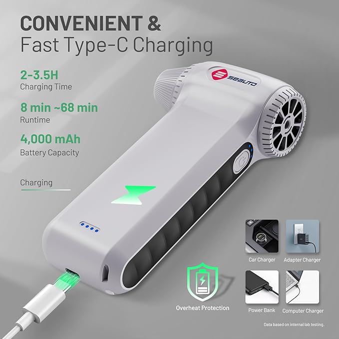 Seauto Electric Air Duster, 110,000 RPM Brushless Motor, Cordless Compressed Air Can Alternative, 3-Gear Powerful Blower for Computer Keyboard, PC Cleaning,Full-Size Appliance,Car,Home and Outdoor