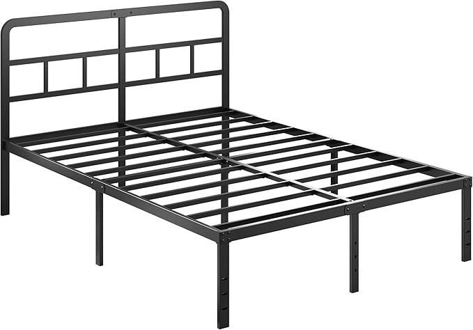 16 Inch Queen Bed Frame with Headboard No Box Spring Needed, Heavy Duty Metal Queen Size Platform with Steel Slat, Mattress Foundation, Easy Assembly, No Noise, Black