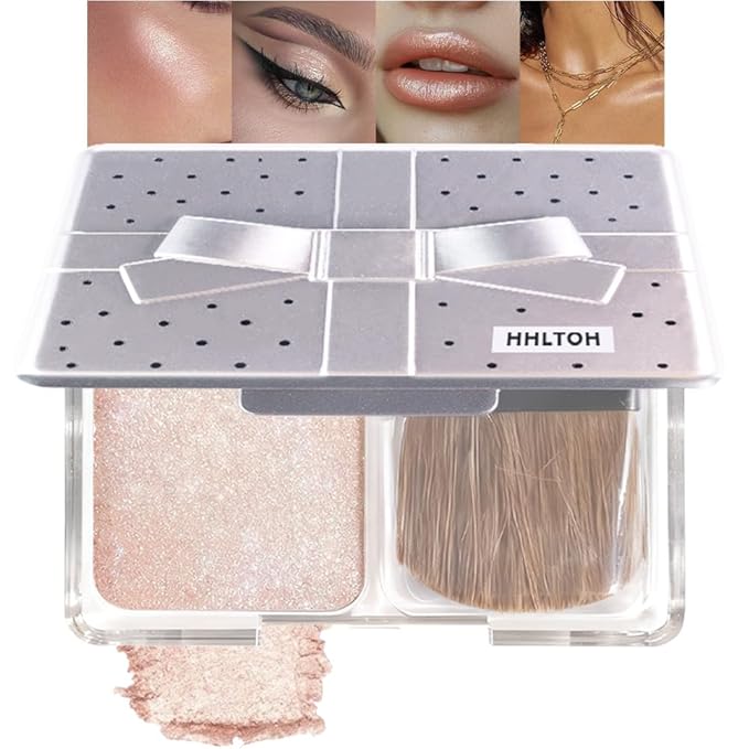 Champagne Sparkle Glitter Shimmer Highlighter Makeup Palette for Women, Champagne Gold Buttery Creamy Powder Highlighter Eyeshadow Palette Vegan, Built-in Mirror & Brush – Girls Christmas Gifts