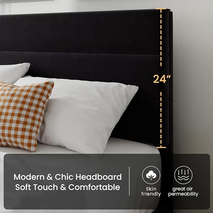 SHA CERLIN King Platform Bed Frame with Velvet Upholstered Headboard, Mattress Foundation with Strong Wooden Slats Support, No Box Spring Needed, Black