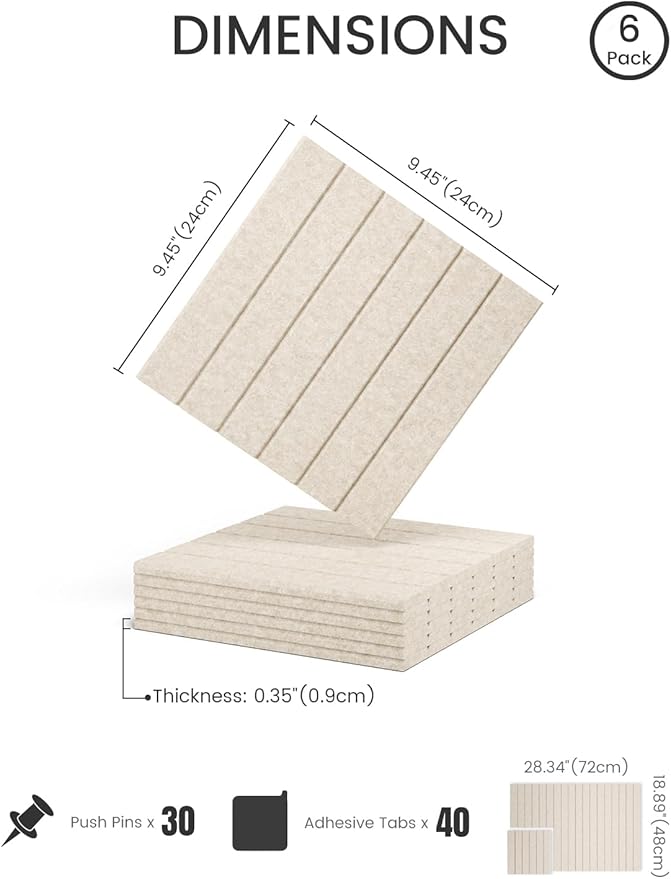 Felt Bulletin Board Tiles -28"x18" with 40 Adhesive Tabs, Cork Board Alternative for Office Decor, Push Pin Board Wall Organizer 6-Pack (Oatmeal)