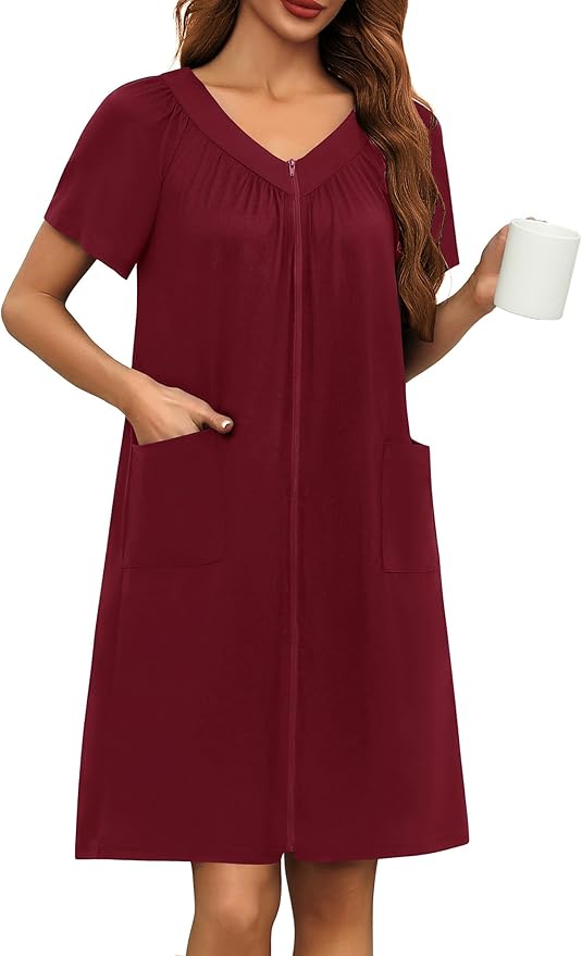 Ekouaer Women Robe Zipper Front Mumu Duster Robes Zip Up Housecoat Soft Sleepwear with Pockets