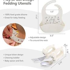 Baby Suction Plates for Toddlers, 6Pcs Travel Silicone Feeding Set for Toddlers/Kids, Foldable, Non-Slip Dishwasher Safe Plates & Utensils, BPA Free, Cat Design Gift Ready (Beige)