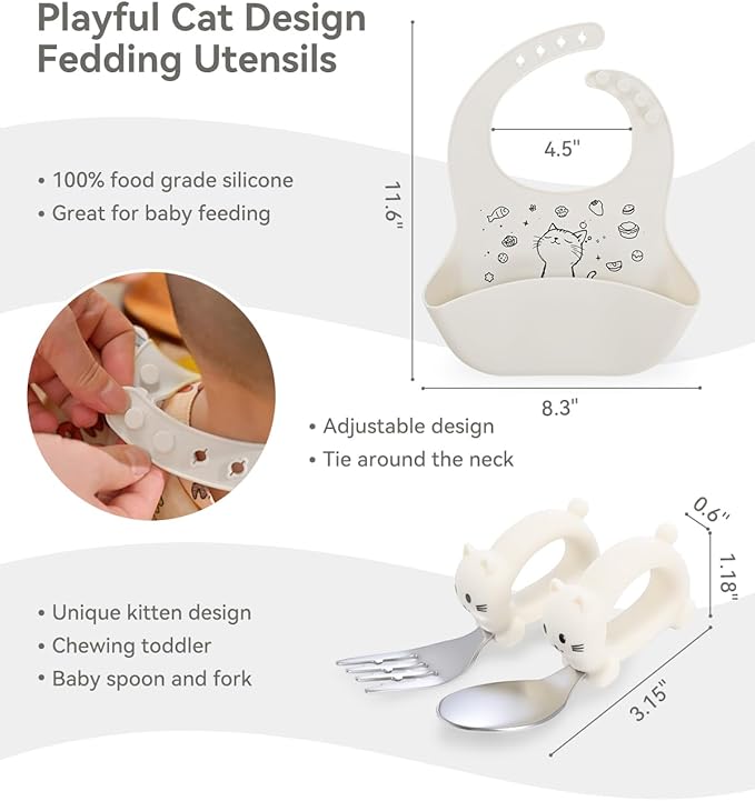 Baby Suction Plates for Toddlers, 6Pcs Travel Silicone Feeding Set for Toddlers/Kids, Foldable, Non-Slip Dishwasher Safe Plates & Utensils, BPA Free, Cat Design Gift Ready (Beige)