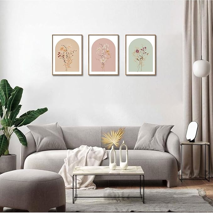 KISSFOX 3 Piece Framed Wall Art Botanical Wall Decor Floral Pictures Wildflower Canvas Art Pink Green Yellow Paintings Minimalist Boho Artwork For Girly Room Bedroom Apartment Living Room