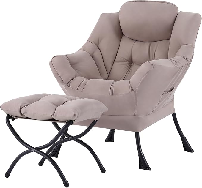 Tiita Lazy Chair with Ottoman, Modern Large Accent Lounge Armchair, Comfy Leisure Sofa Reading Chair with Footrest for Bedroom, Living Room, Dorm Rooms, Garden and Courtyard, Khaki