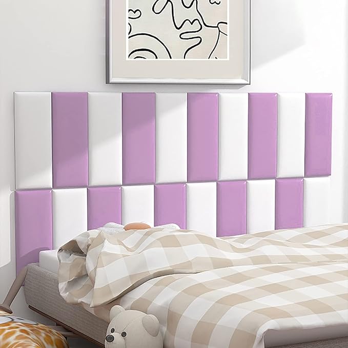 3D Anti-Collision Wall Padding, Peel & Stick Upholstered Wall Panels, Queen Headboard, Playroom Decorative Protection, Pack of 2 Panels - 23.6' X 11.8' (Purple)