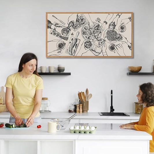 BINCUE Large Framed Wall Art Food and Drink Canvas Wall Decor Pizza Cheers Sketch Painting Retro Canvas Wall Art for Kitchen Dining Room Restaurant Used for Gatherings Decor