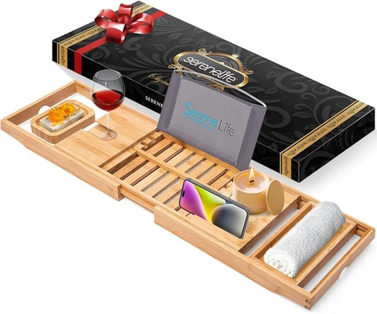 SereneLife Premium Bathtub Tray Caddy with Gift Box and Bow Set, Expandable Bath Tray, Unique House Warming Gifts for Mom, Women, Wedding, Anniversary, Bridal Shower, Fit for All Tub - Classic