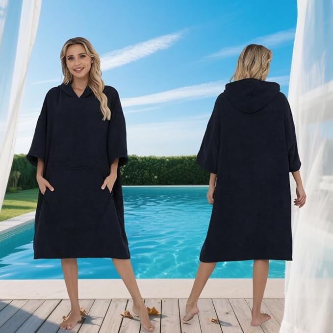Surf Poncho Hooded Beach Towel, Quick Dry Terry Cloth, Extra Large Changing Robe with Pockets for Adults, Unisex Navy Blue Cover-Up for Swim, Bath, Beach, Gift for Swimmer Lovers