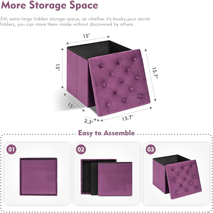 B FSOBEIIALEO Storage Ottoman Cube Velvet Tufted Folding Ottomans with Lid, Footstool Rest Padded Seat for Bedroom (Purple, Medium)