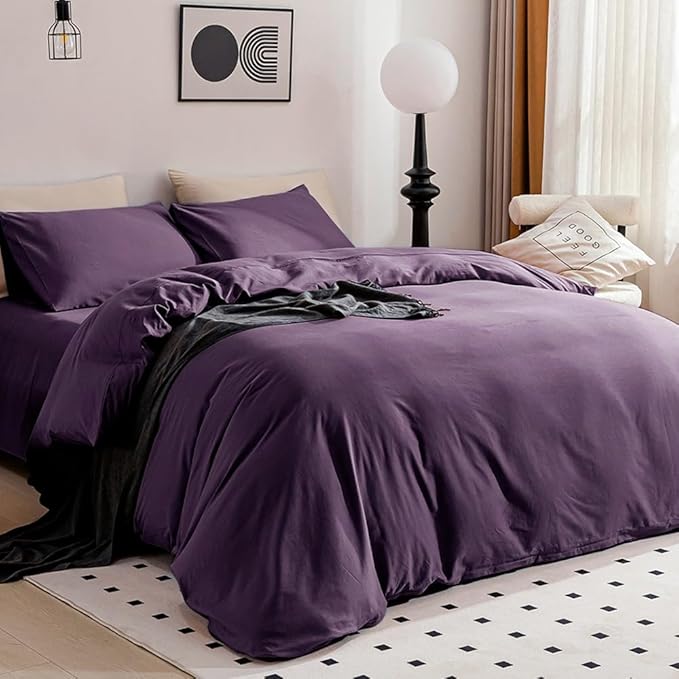 JELLYMONI Purple Duvet Cover King Size - 100% Washed Cotton Linen Like Textured Comforter Cover, 3 Pieces Lightweight Soft Bedding Set with Zipper Closure (Purple, King 104"x90")
