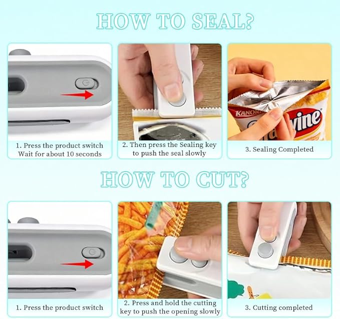 Mini Bag Sealer, 2-in-1 Rechargeable Magnetic Food Sealer & Cutter, USB Portable Handheld Heat Sealing Tool for Snacks, Chips, Vegetables to Keep Food Fresh (White+Blue,2PCS)