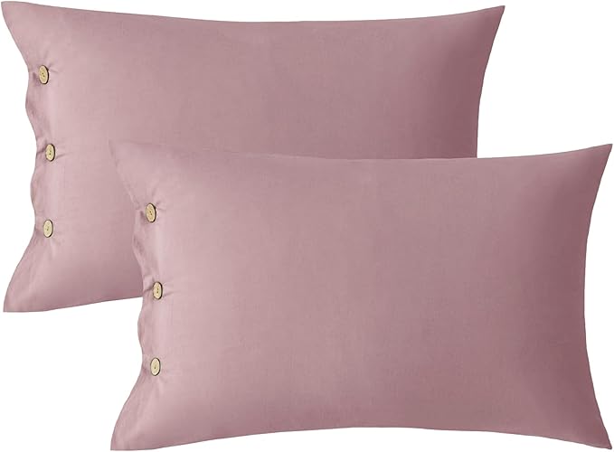 JELLYMONI Pillowcases Standard Set of 2 Cotton Button Pillow Covers 20×26in Pink Bed Pillow Cases 100% Washed Cotton Soft Breathable (Pillows are not Included)