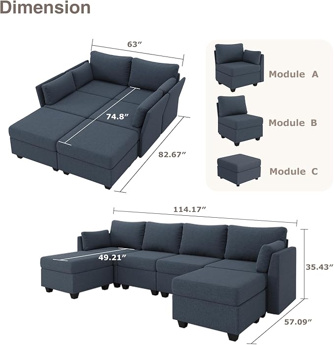 114.17" Modular Sectional Sofa, 6 Seat Modular Couch with Storage, Memory Foam, Convertible Sectional Couches for Living Room, U Shaped Comfy Modular Sofa with Chaise, Blue Grey