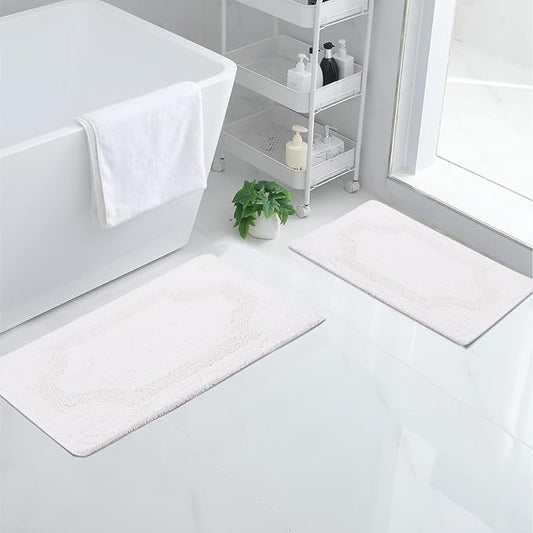 voyzz home Set of 2 Reversible Bath Rug 20x32 inch -17x24 inch | 100% Cotton Hand Tufted Soft & Absorbent Bath Mat|Washable Quick Dry Shaggy Shower Mat | Non-Slip Mordern Bathroom Decor | White…