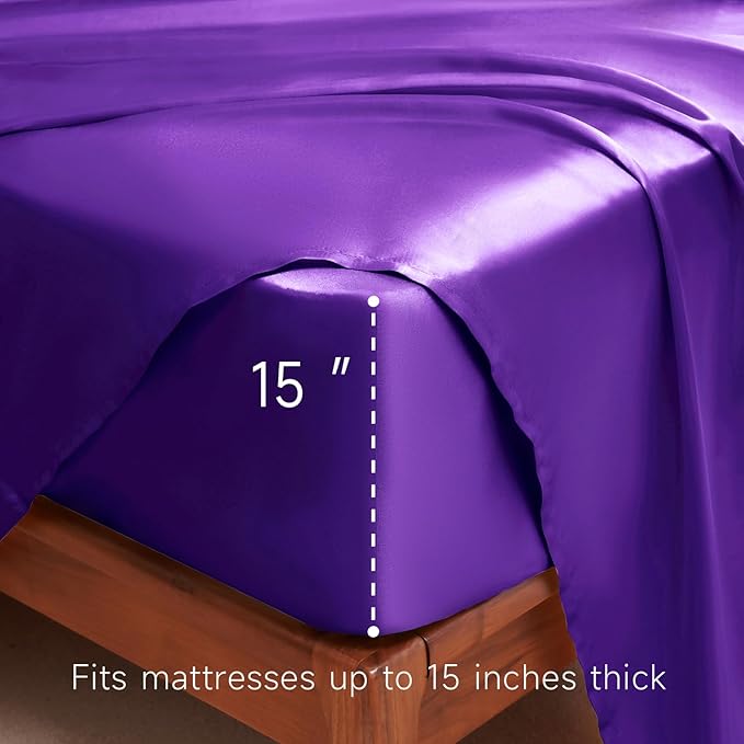 Satin Bed Linen Set, 3Pcs Luxury Silky Soft Twin XL Sheets with Deep Pocket Fitted Sheet, Wrinkle-Free, Dark Purple