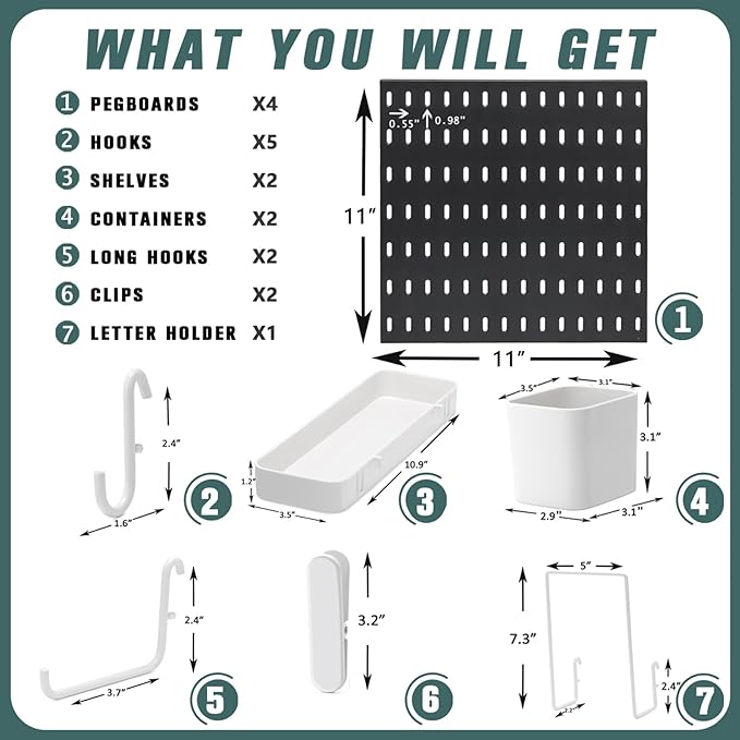 Pegboard Combination Kit, Wall Mounted Storage Set with 4 Pegboards & 14 Accessories Hanging, Black Peg Boards Organizer for Walls Display, Crafts Organization, Kitchen Organizer, 22" x 22"