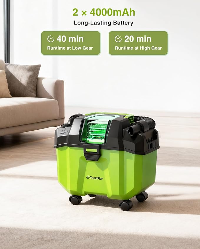 Cordless Shop Vac, 2.6 Gal 2x4.0Ah Battery Powered Shop Vac, 3-in-1 Cordless Shop Vacuum Wet and Dry with Strap, 4 Wheels, Accessory Storage Holder, Ideal for Garage, Car, Workshop