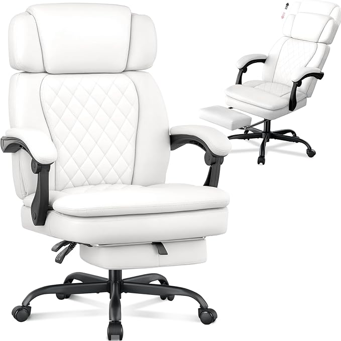 400lbs Office Chair with Foot Rest, Ergonomic Big and Tall Office Chair with Adjustable Headrest, High Back PU Leather Computer Chair,Comfy Heavy Duty Office Desk Chair (Classic White)