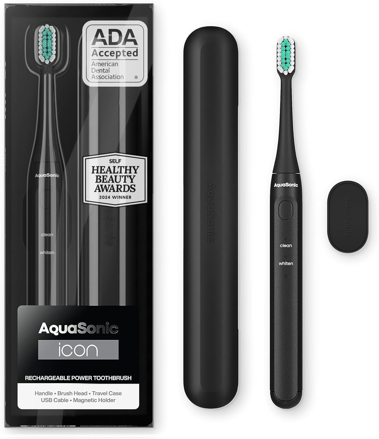 Aquasonic Icon ADA-Accepted Rechargeable Toothbrush | Magnetic Holder & Slim Travel Case | 2 Brushing Modes & Smart Timers | Gentle Micro-Vibrations (Lilac)