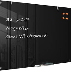 TSJ OFFICE Glass Dry-Erase Board - 36 x 24 Inches Wall Mounted Black Glass Magnetic Whiteboard, Frameless Large White Board for Office, Home & School